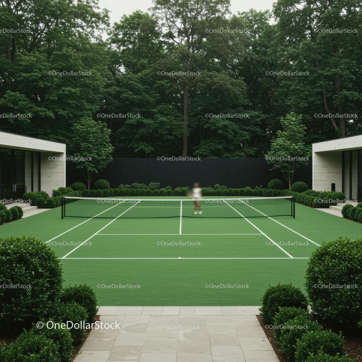 Luxury Private Tennis Court Surrounded by Lush Green Gardens