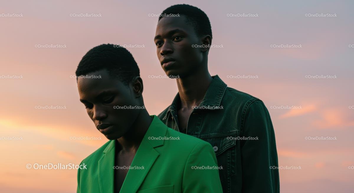 Stylish Pair in Green and Denim at Sunset