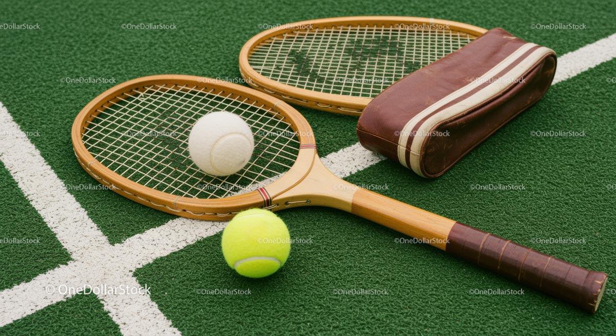 Vintage Wooden Tennis Rackets on Green Court