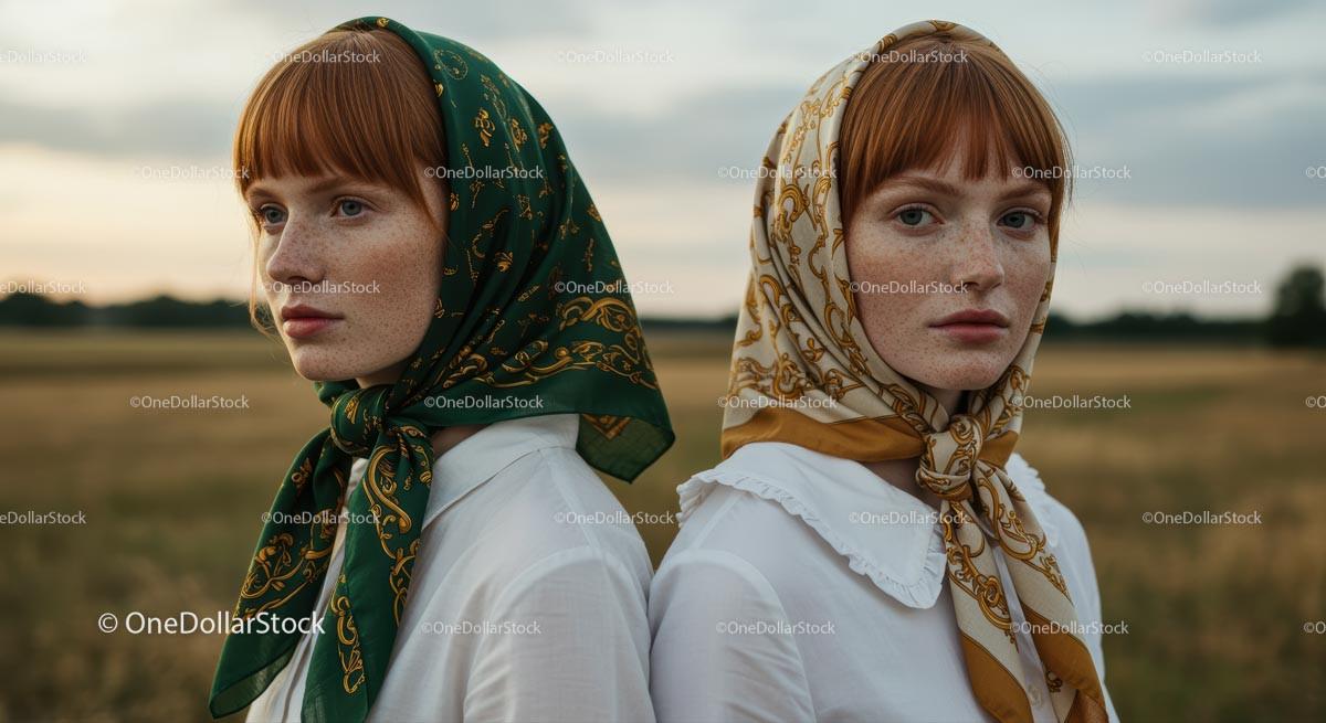 Freckled Redhead Twins in Headscarves in Rural Setting