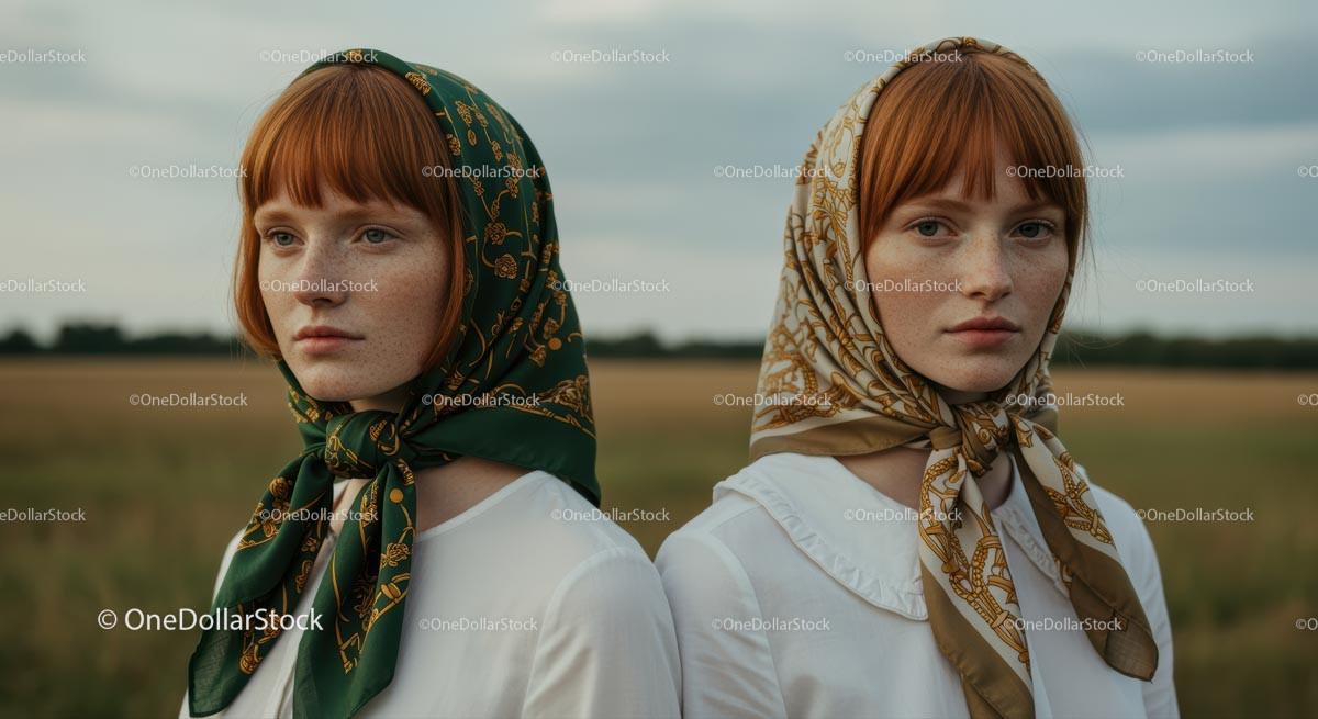 Twin Sisters in Headscarves in Serene Countryside
