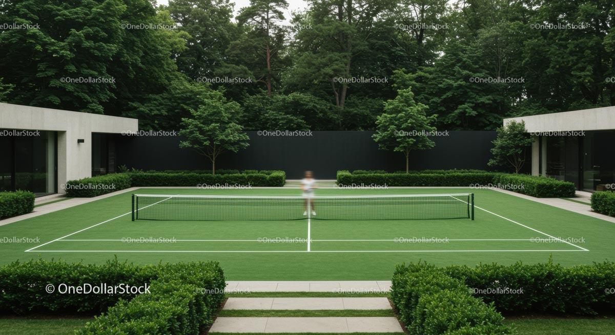 Luxury Tennis Court at Modern Home Surrounded by Lush Greenery