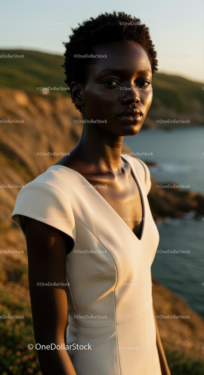 Elegant Woman in White Dress at Sunset by the Ocean