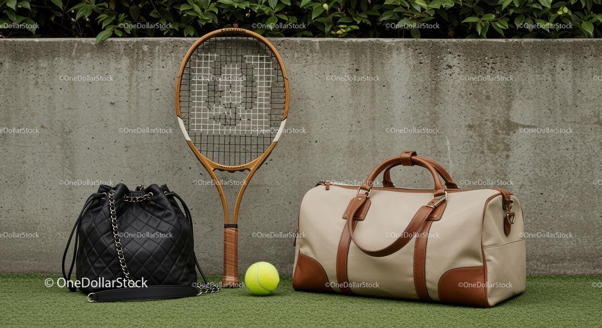 Vintage Tennis Racket with Bags and Ball on Green Turf