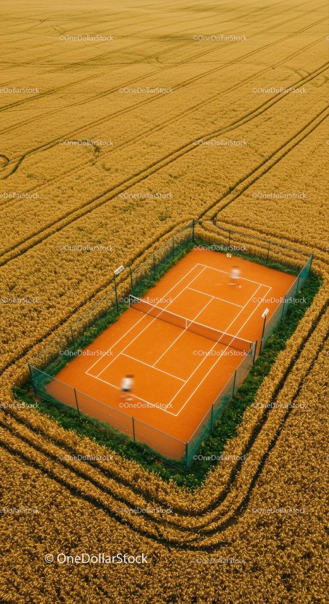 Aerial View of Tennis Court in Golden Wheat Field