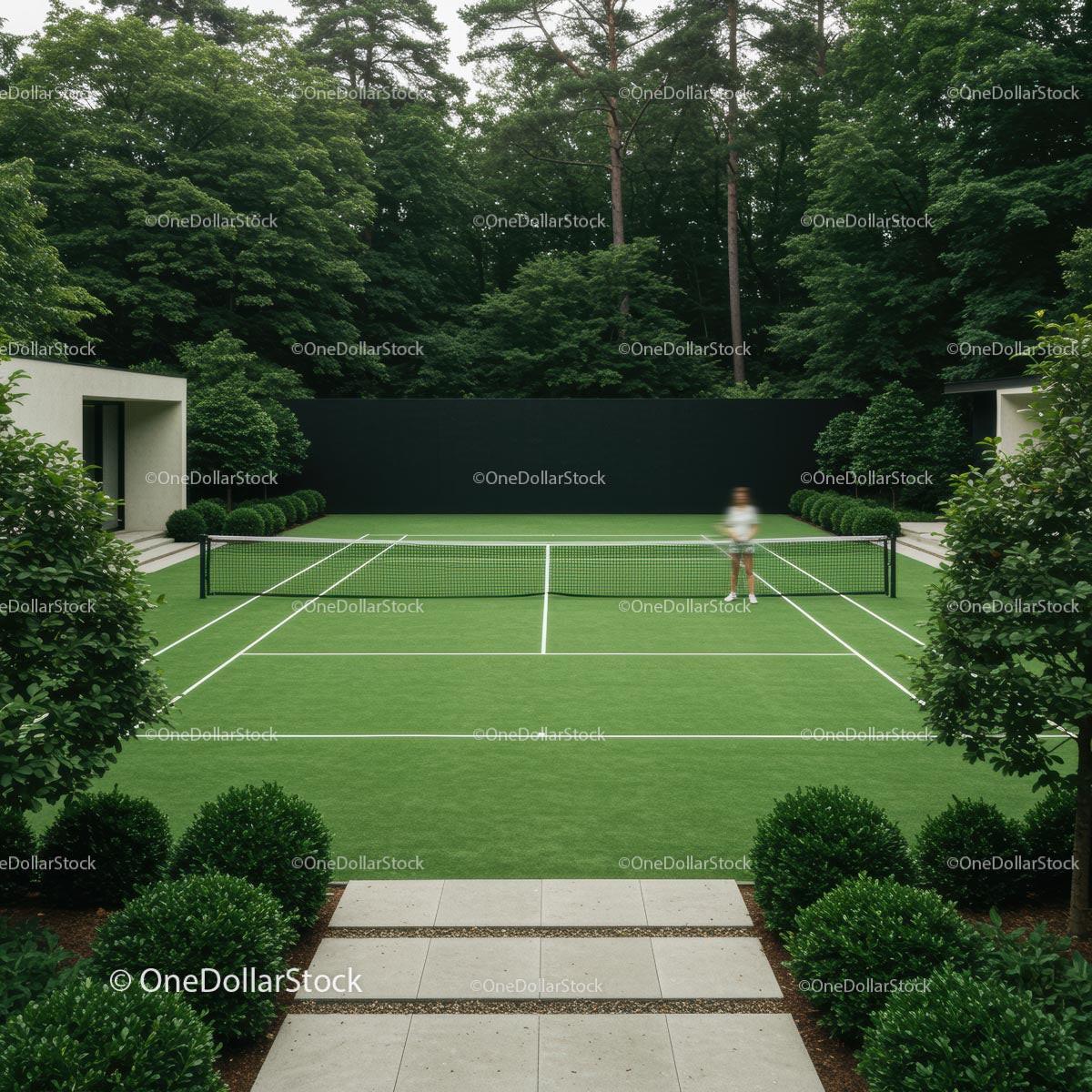 Modern Tennis Court Amidst Lush Green Landscape