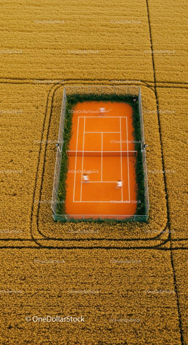 Aerial View of Tennis Court in Golden Wheat Field