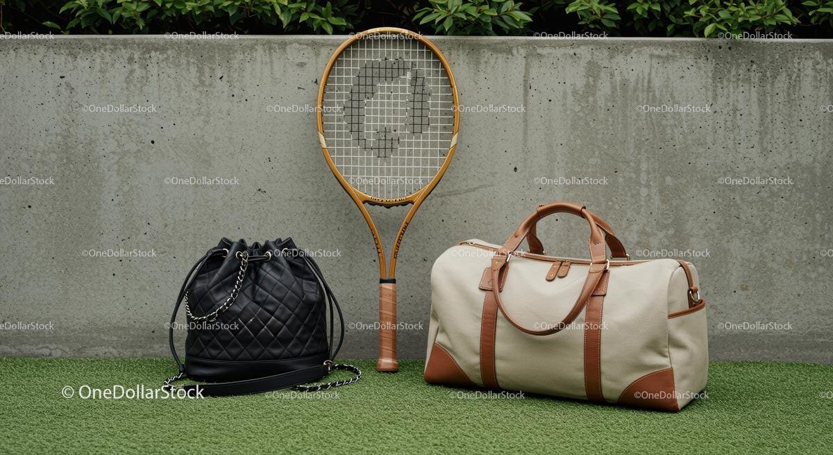 Tennis Racket and Elegant Travel Bags on Green Grass