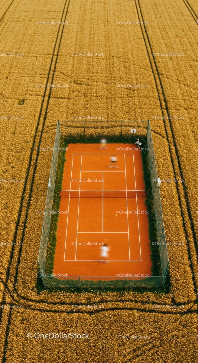 Aerial View of Tennis Court Amidst Golden Wheat Fields