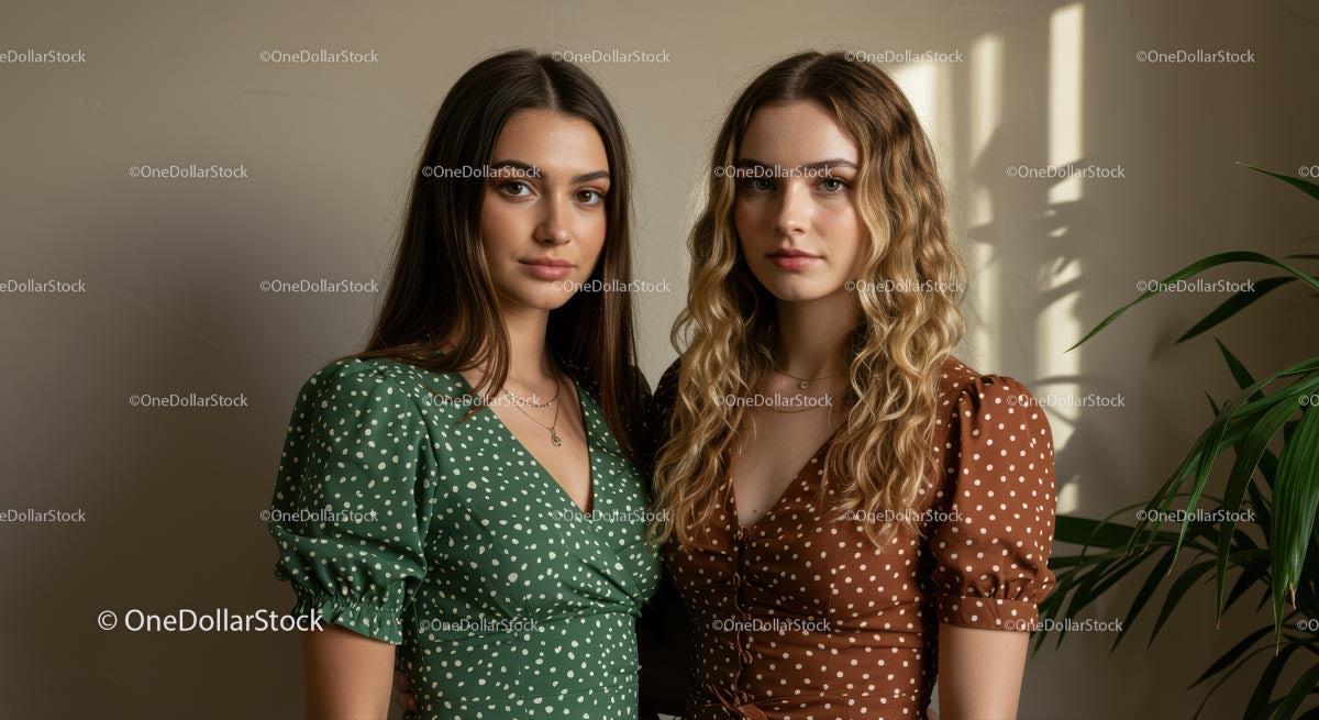 Two Women in Polka Dot Dresses with Natural Lighting