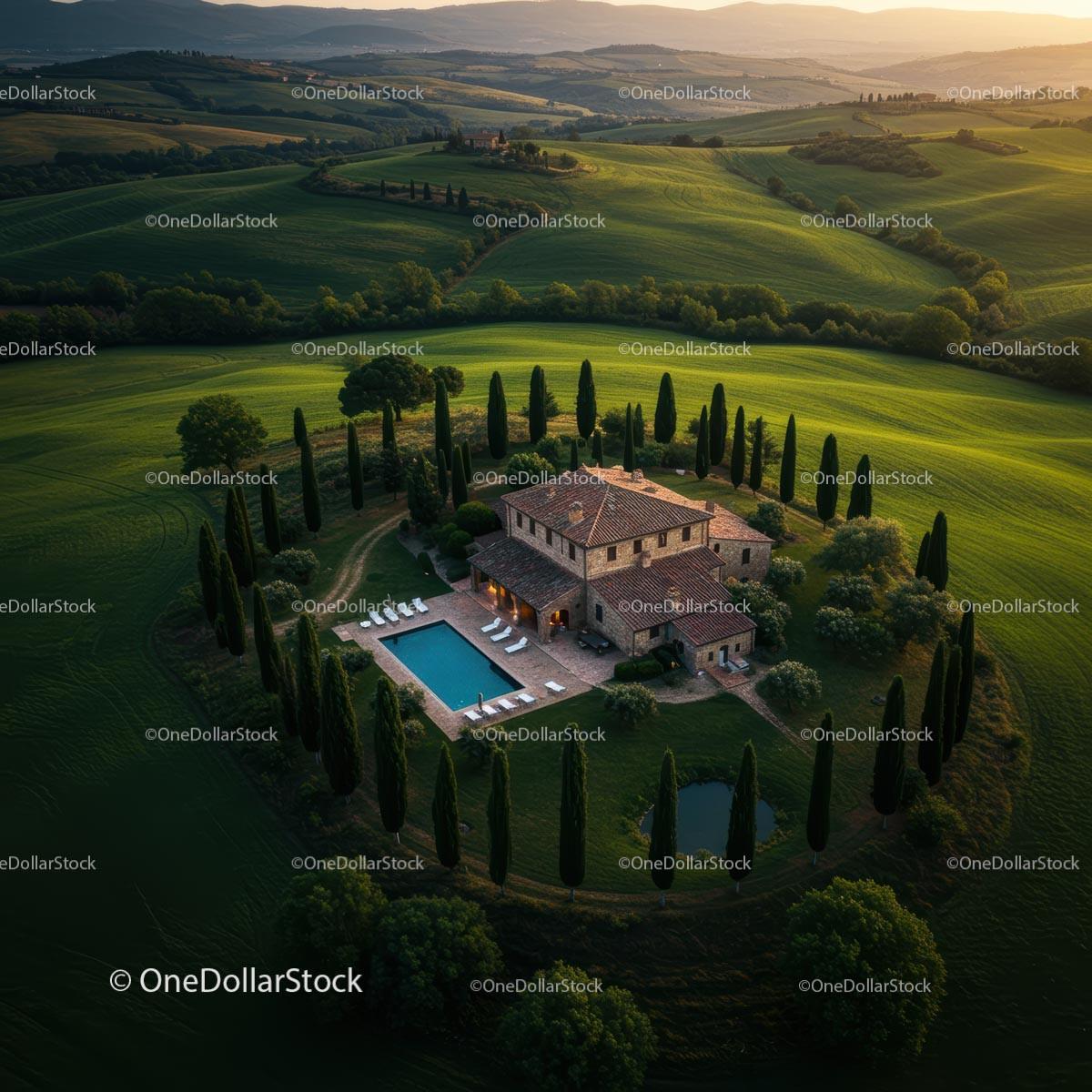 Elegant Italian Villa Surrounded by Cypress and Green Fields
