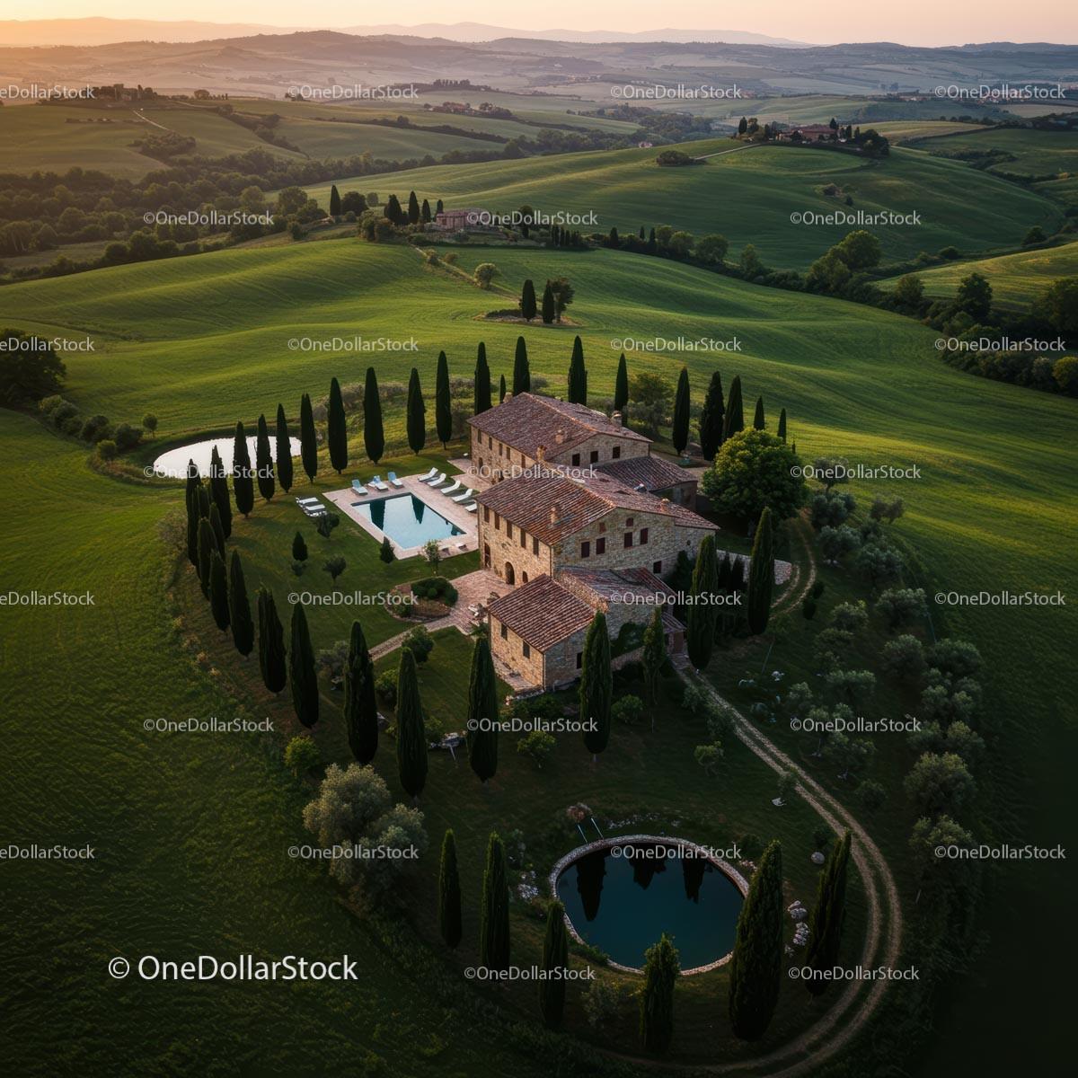 Tuscany Villa Surrounded by Cypress Trees at Sunset