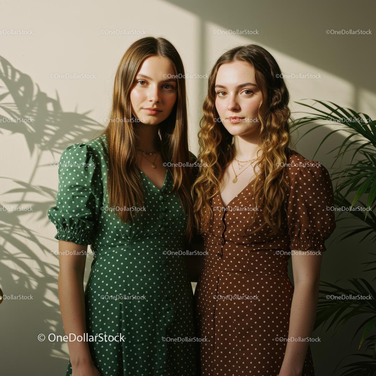 Two Women in Polka Dot Dresses with Plant Shadows
