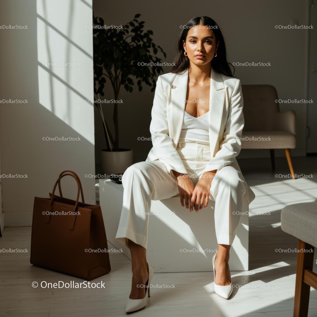 Businesswoman in White Suit with Elegant Handbag in Sunlit Office