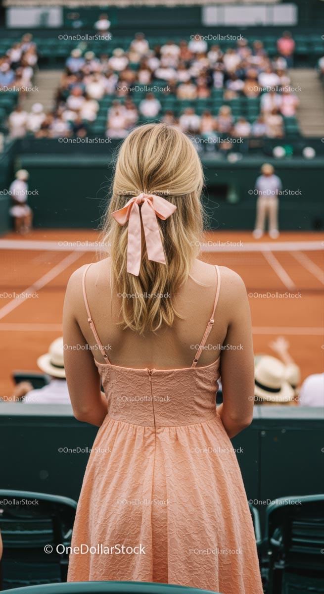 Blonde Woman Watching Tennis Match in Pink Dress