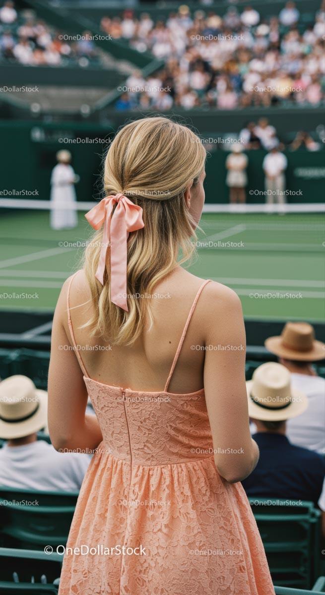 Elegant Woman in Peach Lace Dress at Tennis Match