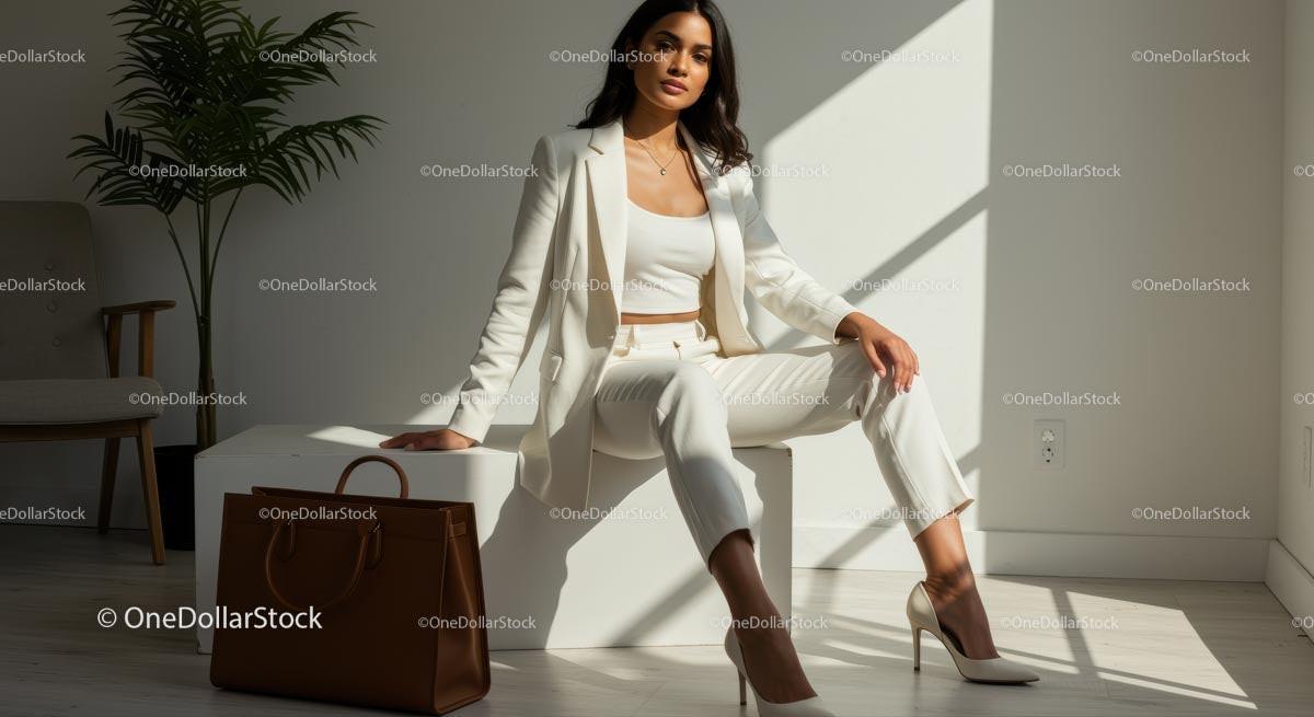 Elegant Woman in White Suit Sitting in Sunlit Room