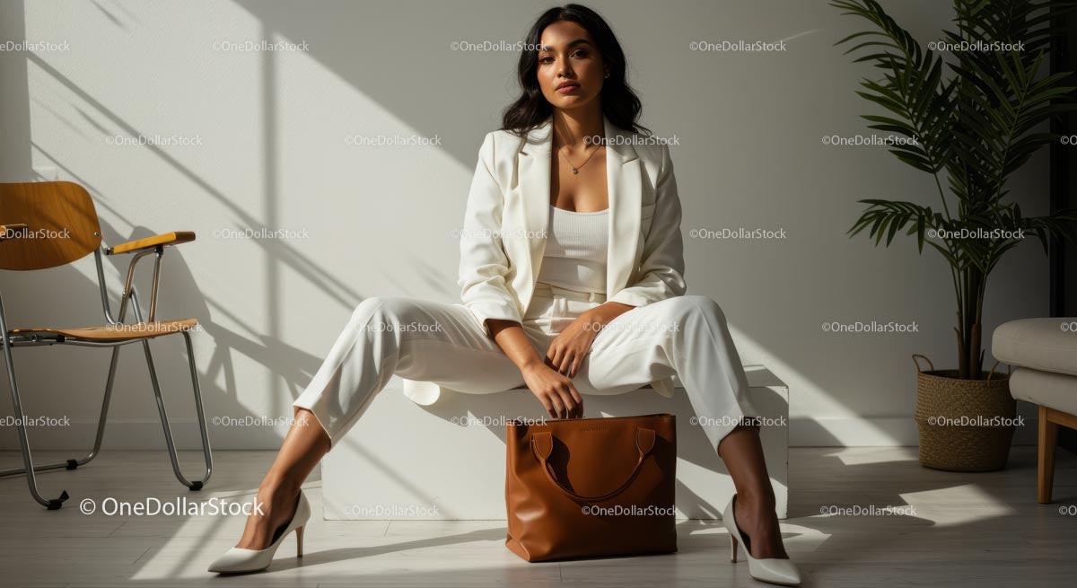 Elegant Woman in White Suit with Brown Leather Bag Indoors