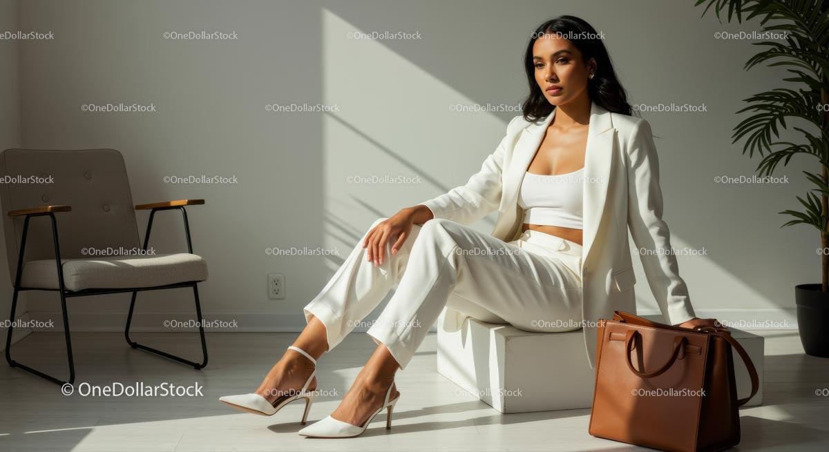 Stylish Woman in White Suit in a Sunlit Modern Interior