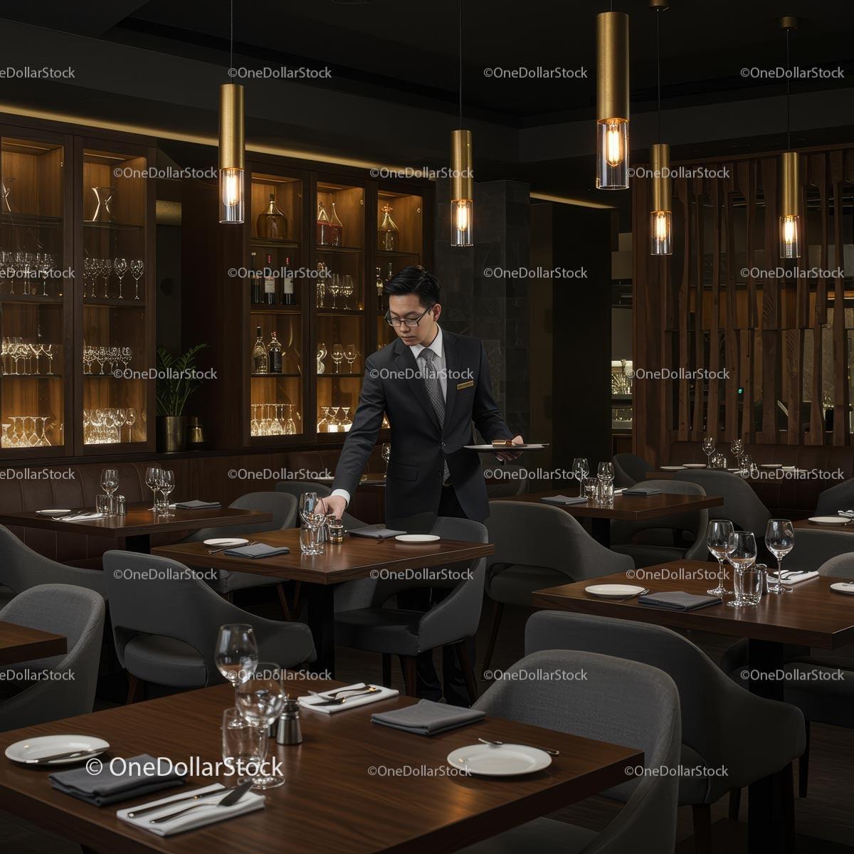 Professional Waiter Setting Tables in Elegant Restaurant