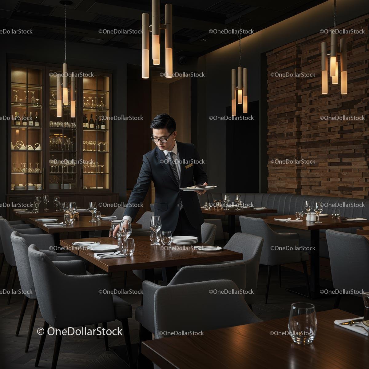 Professional Waiter Setting Elegant Restaurant Table