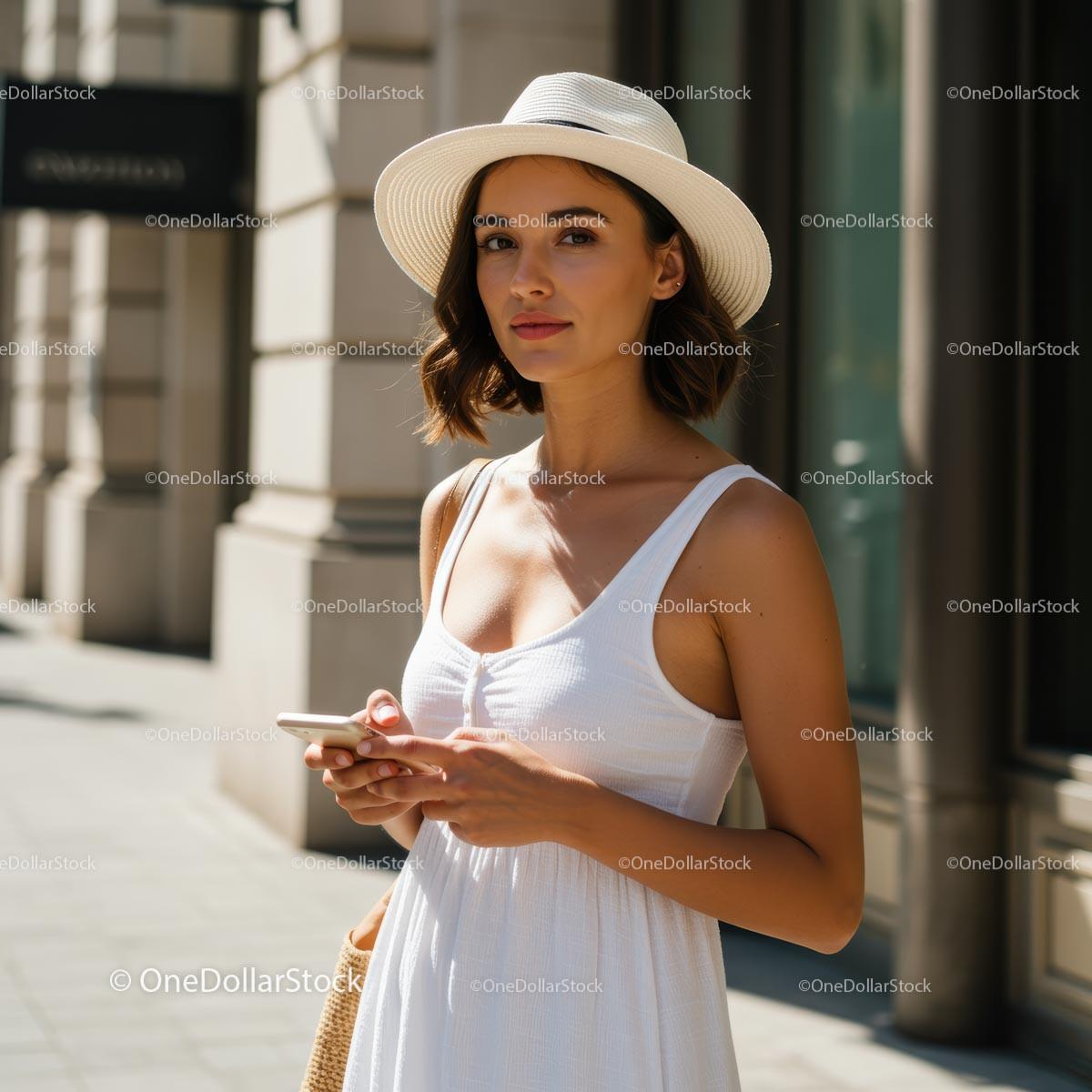 Stylish Woman in White Dress Holding Smartphone on Sunny Day
