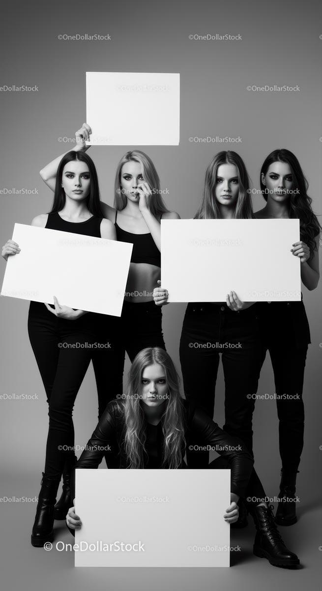 Empowered Women Holding Blank Signs in Monochrome