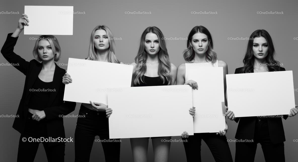 Group of Women Holding Blank Signs in Monochrome