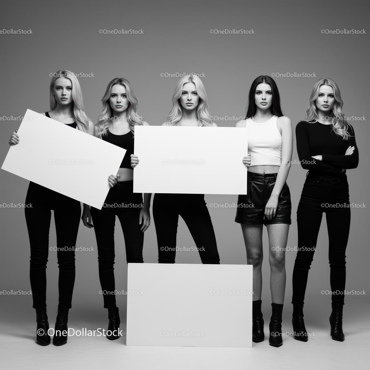 Fashion Models Posing with Blank Signs in Studio