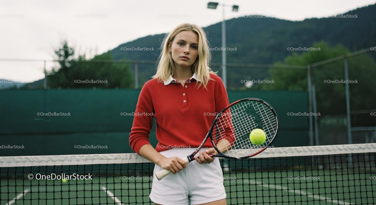 Focused Young Woman on Tennis Court Holding Racket