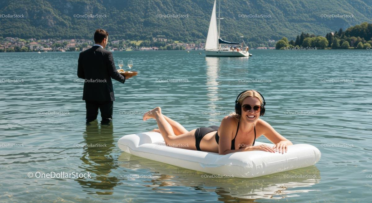 Woman Relaxing on Inflatable Mattress in Mountain Lake