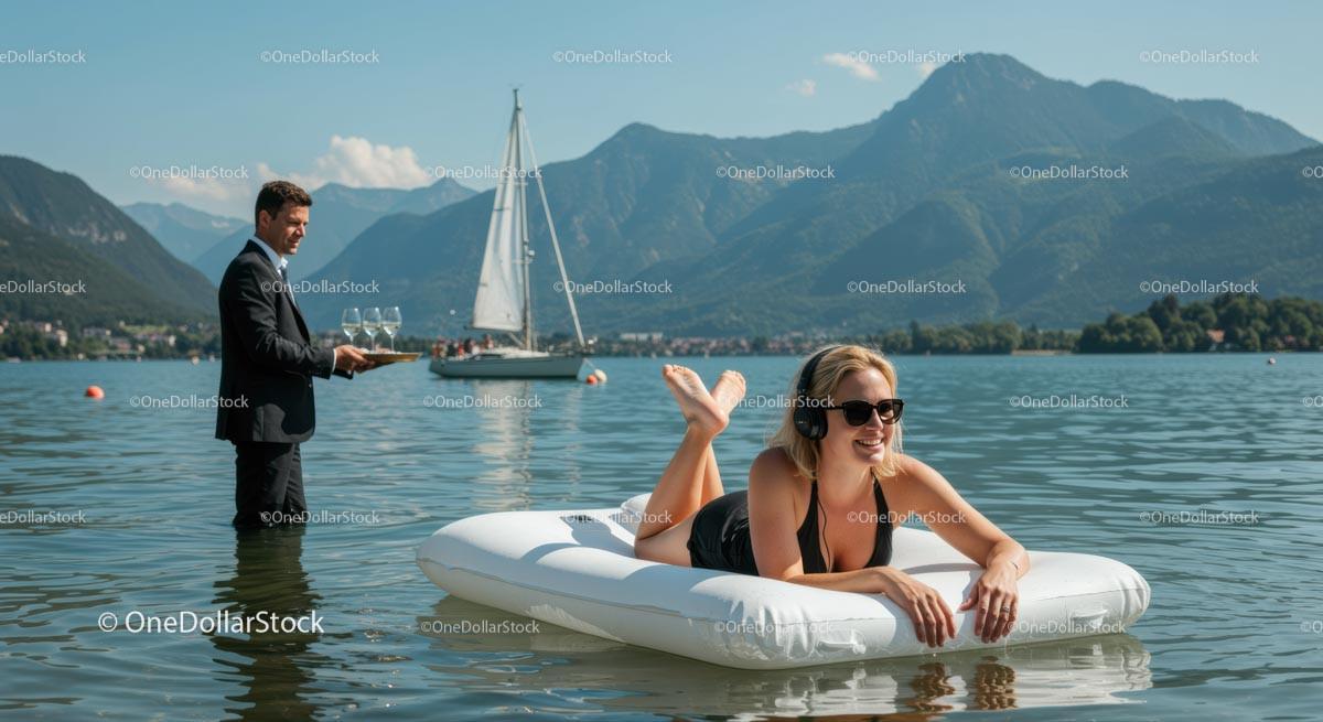 Woman Relaxing on Lake with Waiter and Sailboat