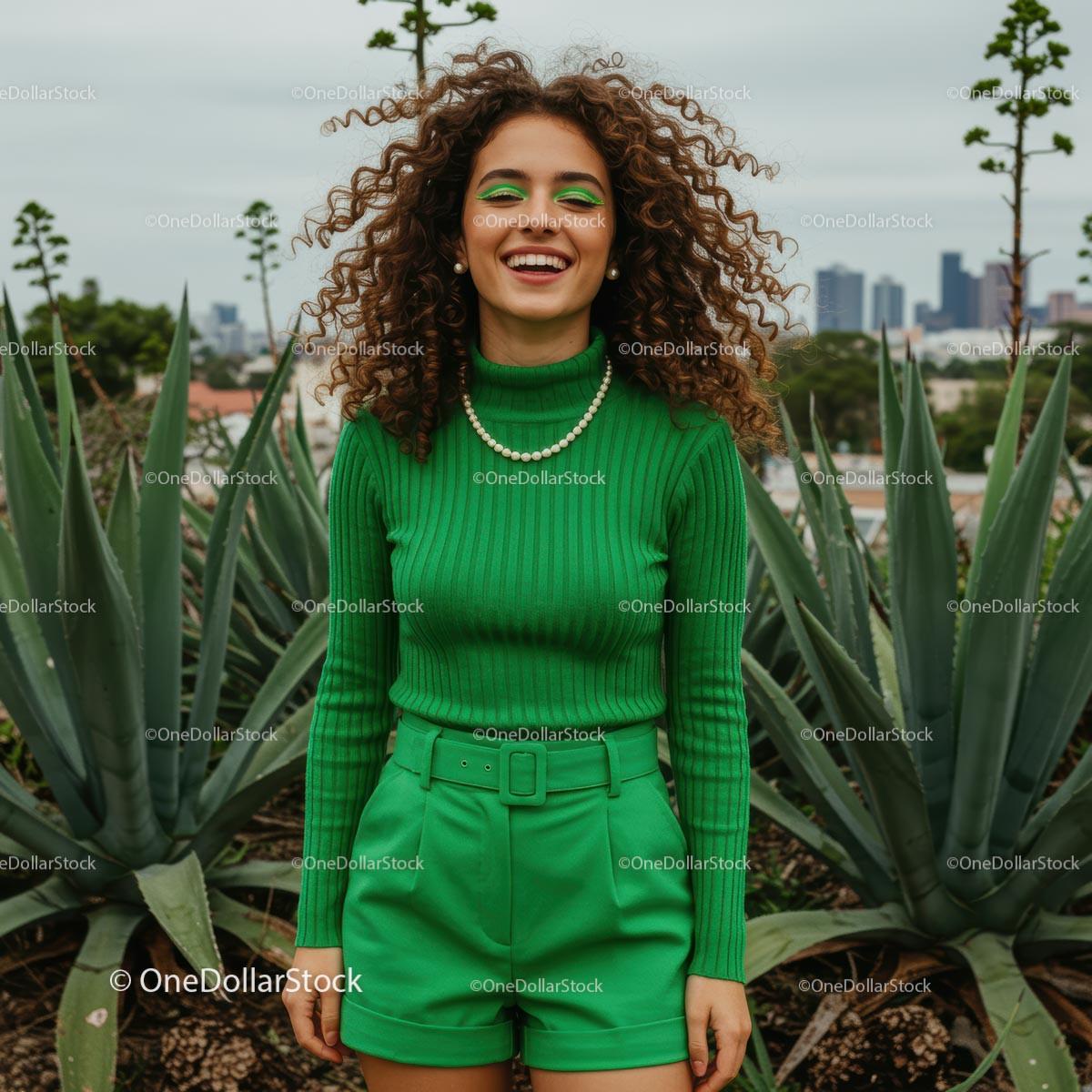 Smiling Woman in Green Clothes with Curly Hair