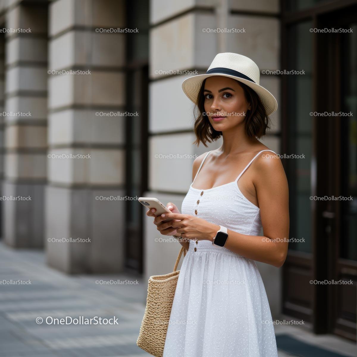 Stylish Woman in White Dress and Straw Hat on City Street