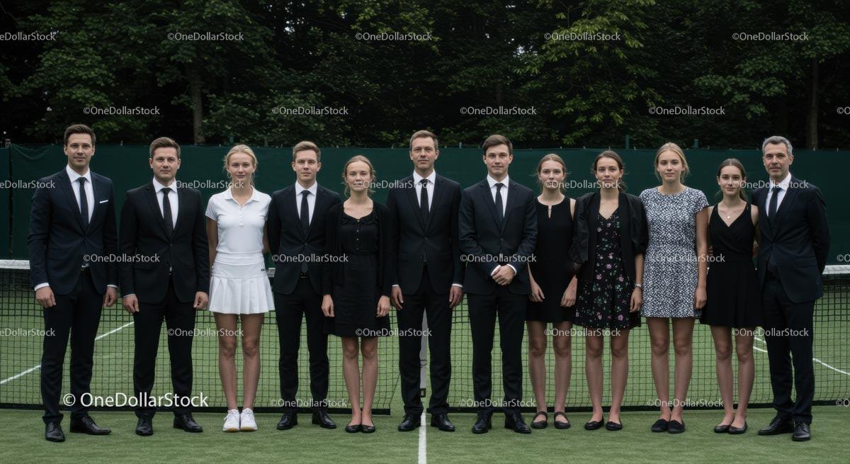 Group of Professionals in Formal Attire on Tennis Court