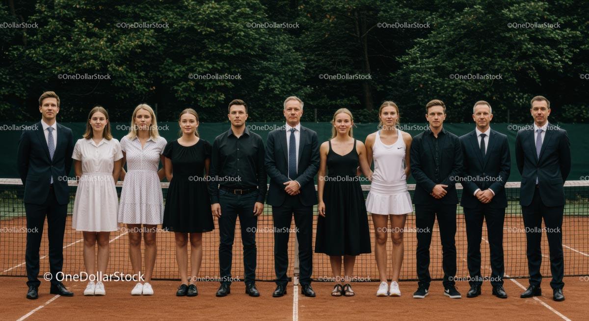 Tennis Team Portrait on Clay Court with Formal and Sporty Attire