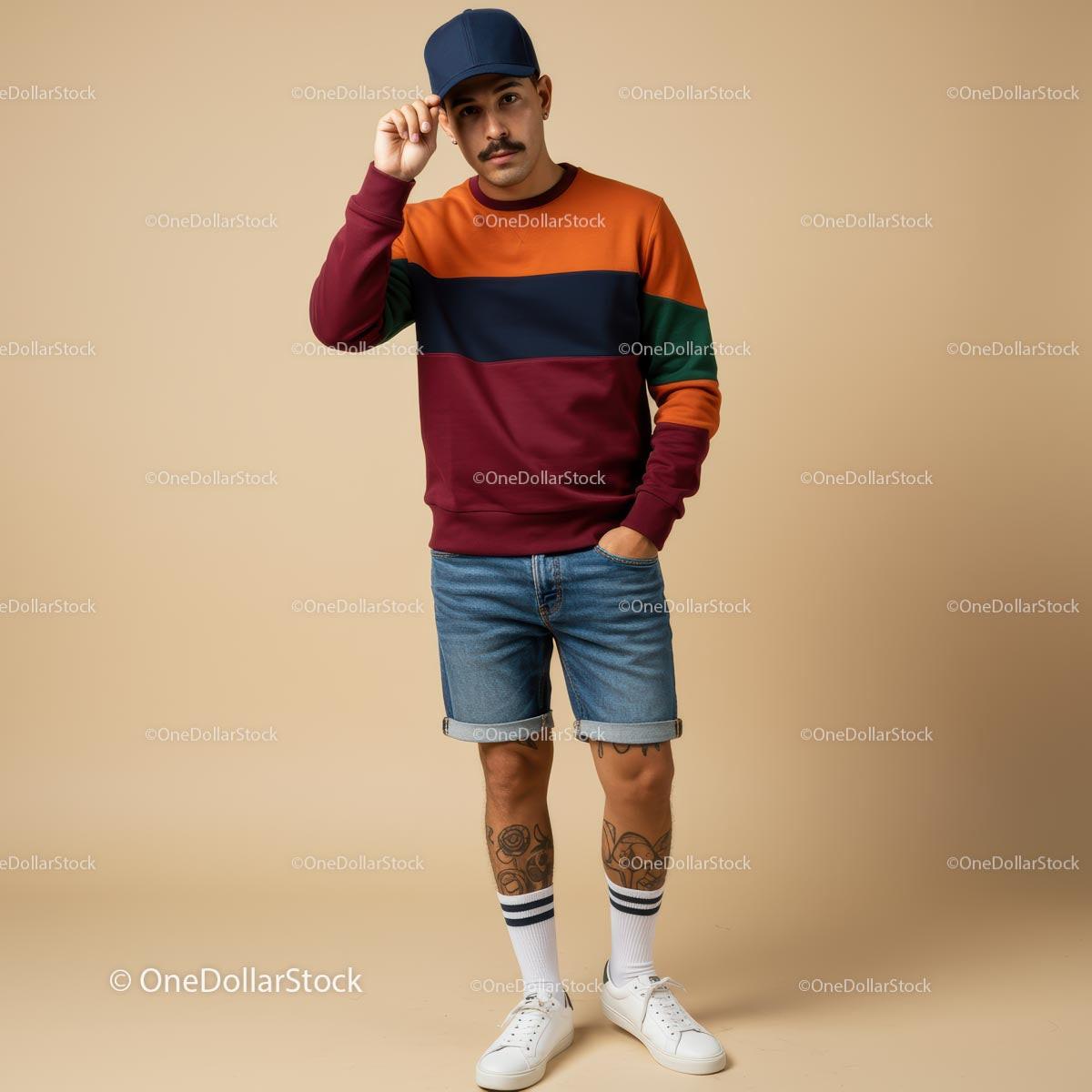 Trendy Man in Colorful Sweatshirt and Denim Shorts