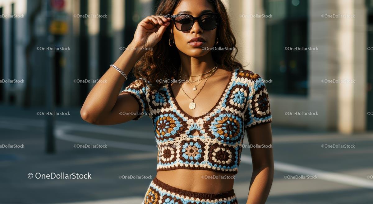 Chic Woman in Crochet Top and Sunglasses on City Street