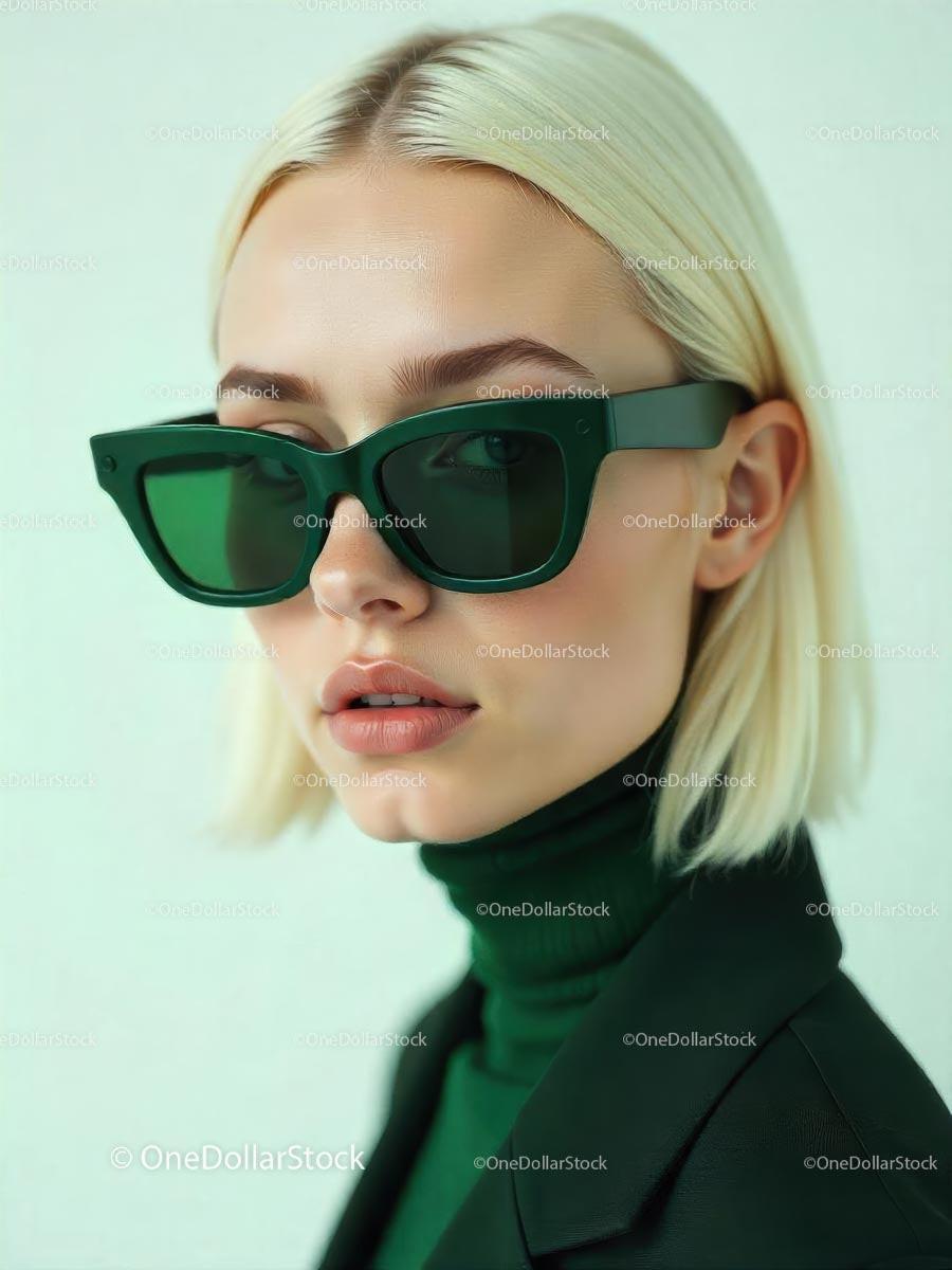 Blonde Woman in Stylish Green Sunglasses