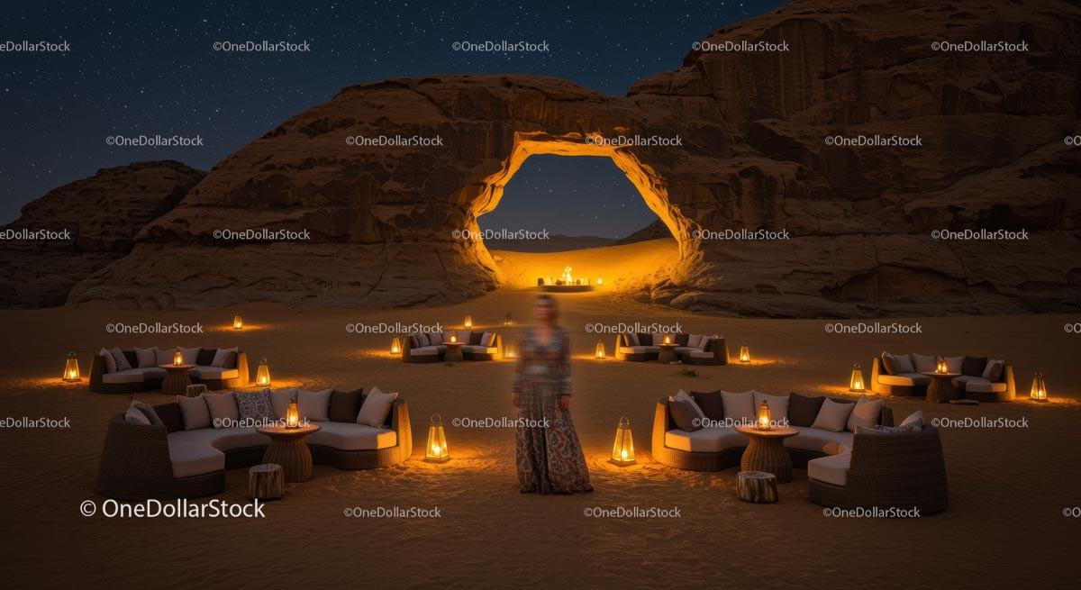 Elegant Desert Night Lounge with Lanterns and Starry Sky
