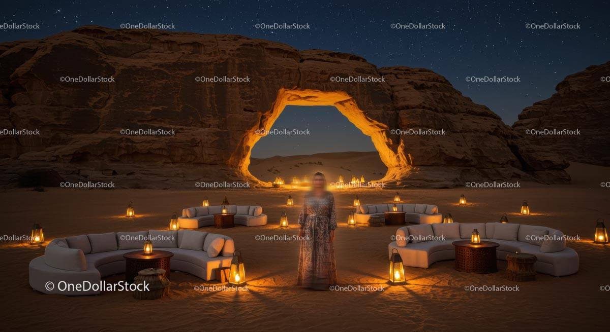 Peaceful Desert Oasis with Lantern-Lit Seating at Night