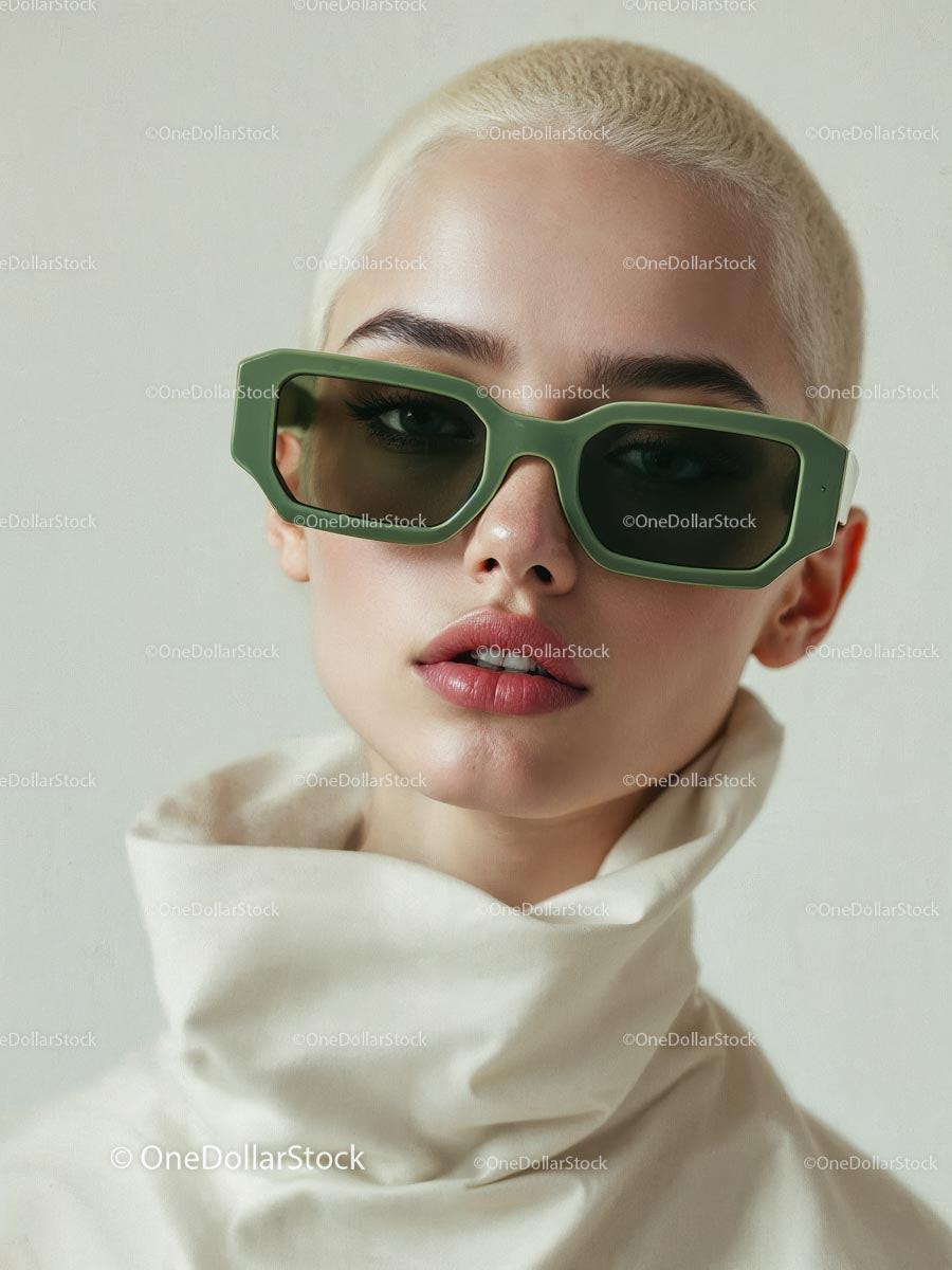 Elegant Woman in Green Sunglasses and High-Collar Outfit