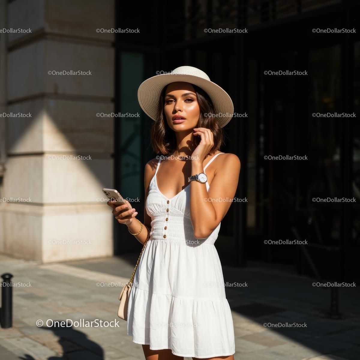 Stylish Woman in White Dress and Hat in Urban Setting