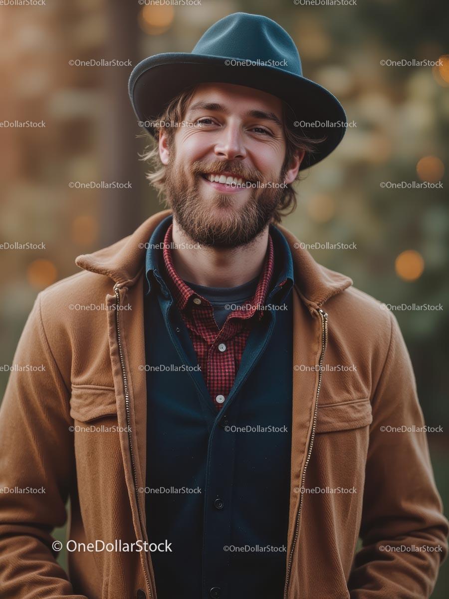 Smiling Man in Hat and Jacket in Natural Setting