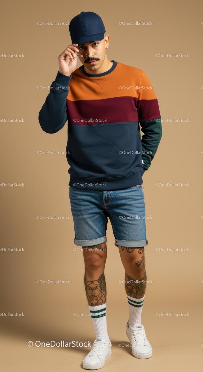 Young Man in Colorful Sweater and Denim Shorts