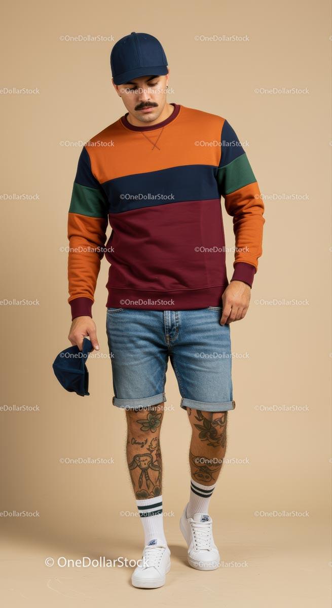 Trendy Casual Style with Colorful Sweater and Denim Shorts