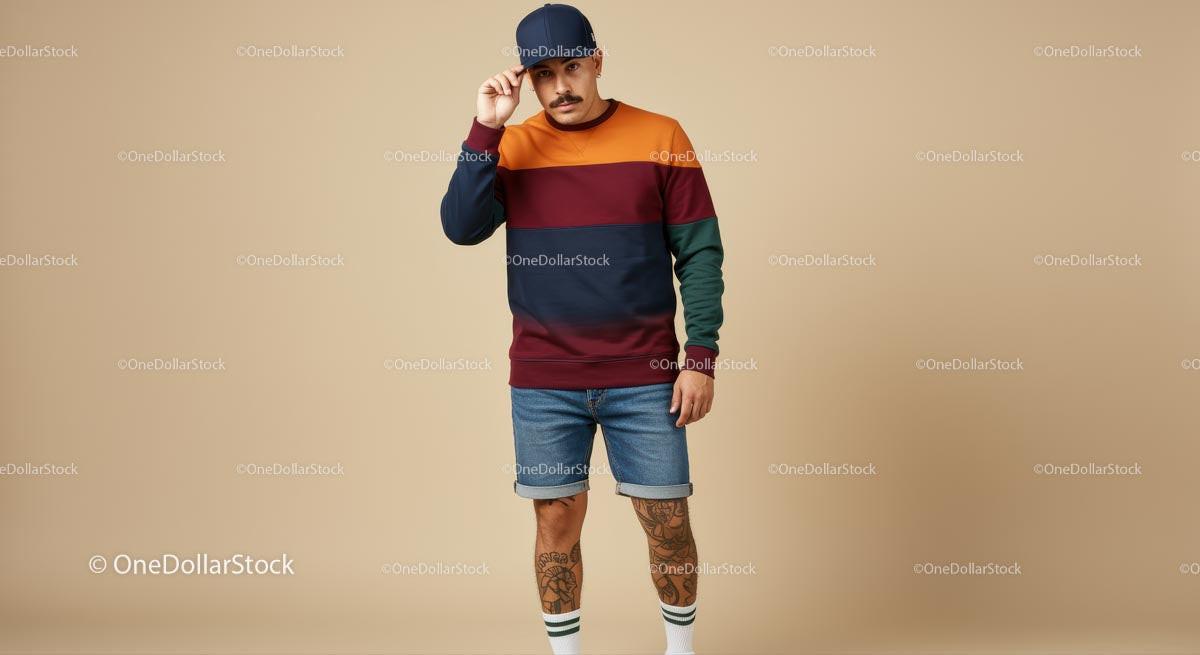 Trendy Man in Colorful Sweater and Denim Shorts