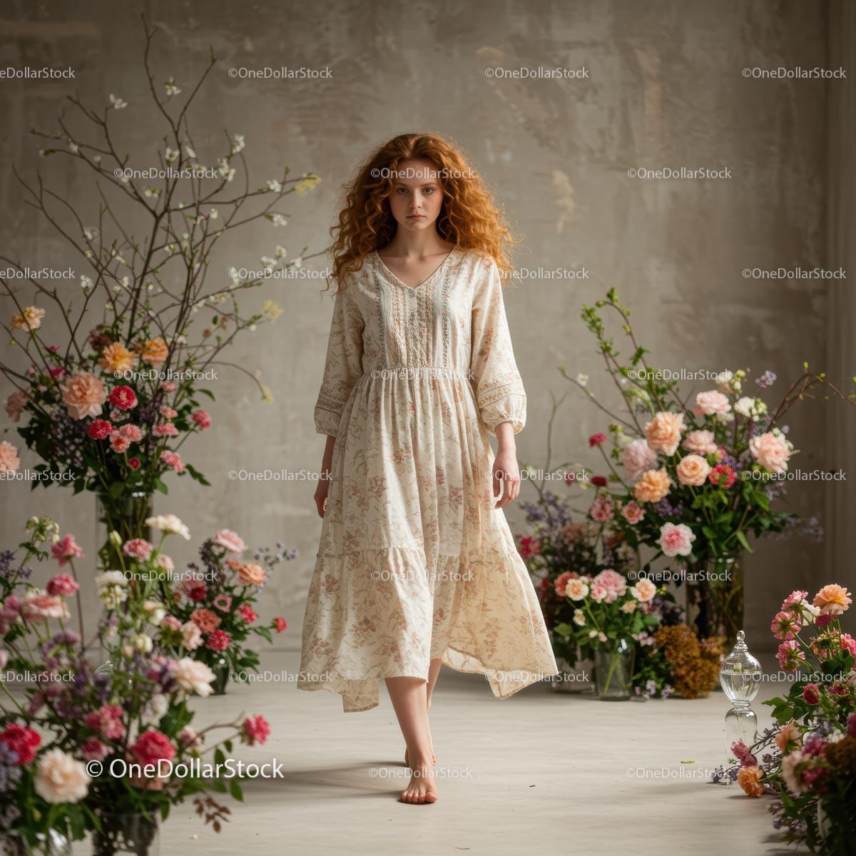 Model in Butterfly Wings and Romantic Floral Dresses on Floral Runway Show Stock Photo Bundle preview 9