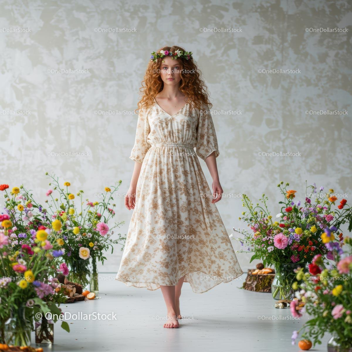 Redhead Woman in Floral Dress with Flower Crown in Blooming Setting