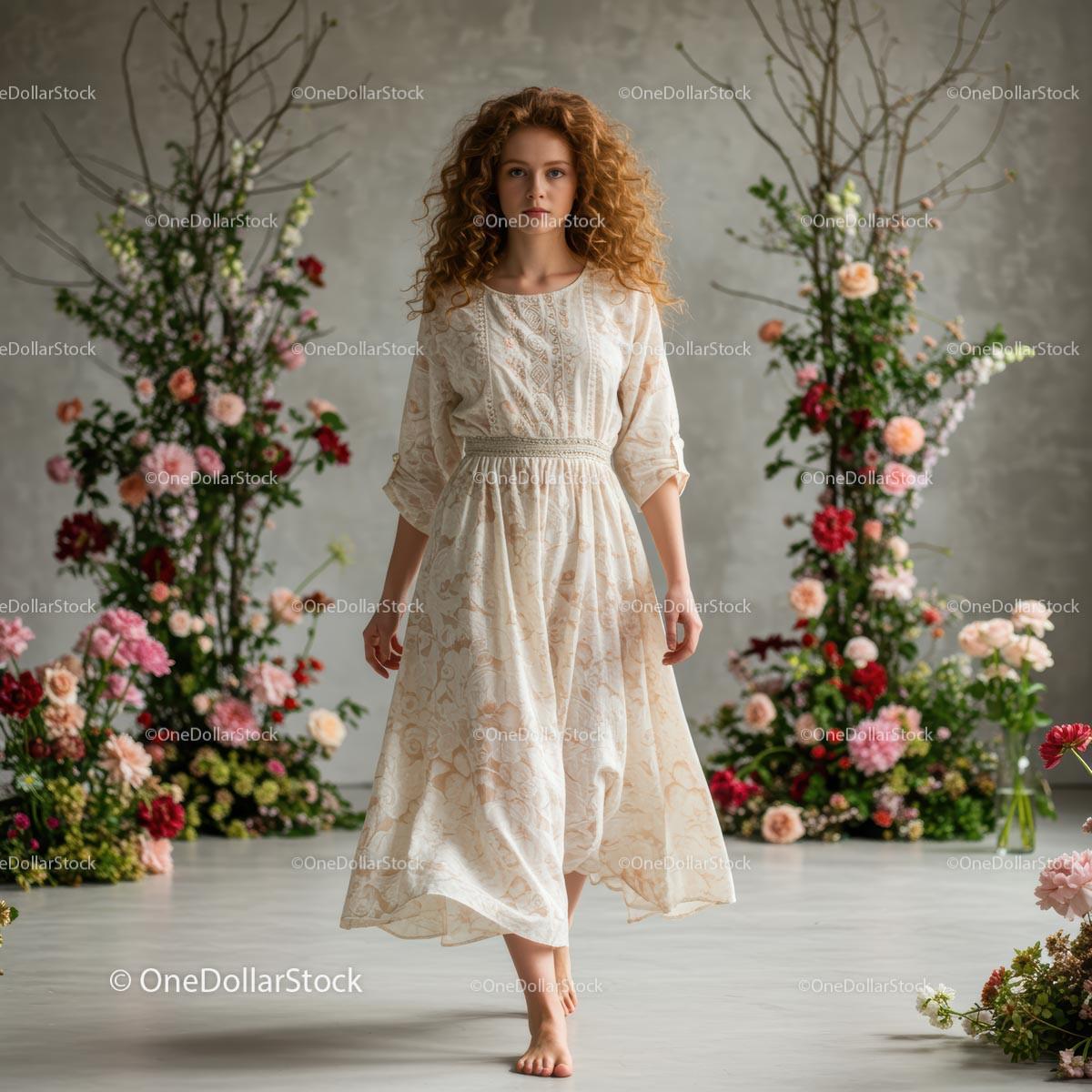 Woman in White Bohemian Dress Surrounded by Blooming Flowers